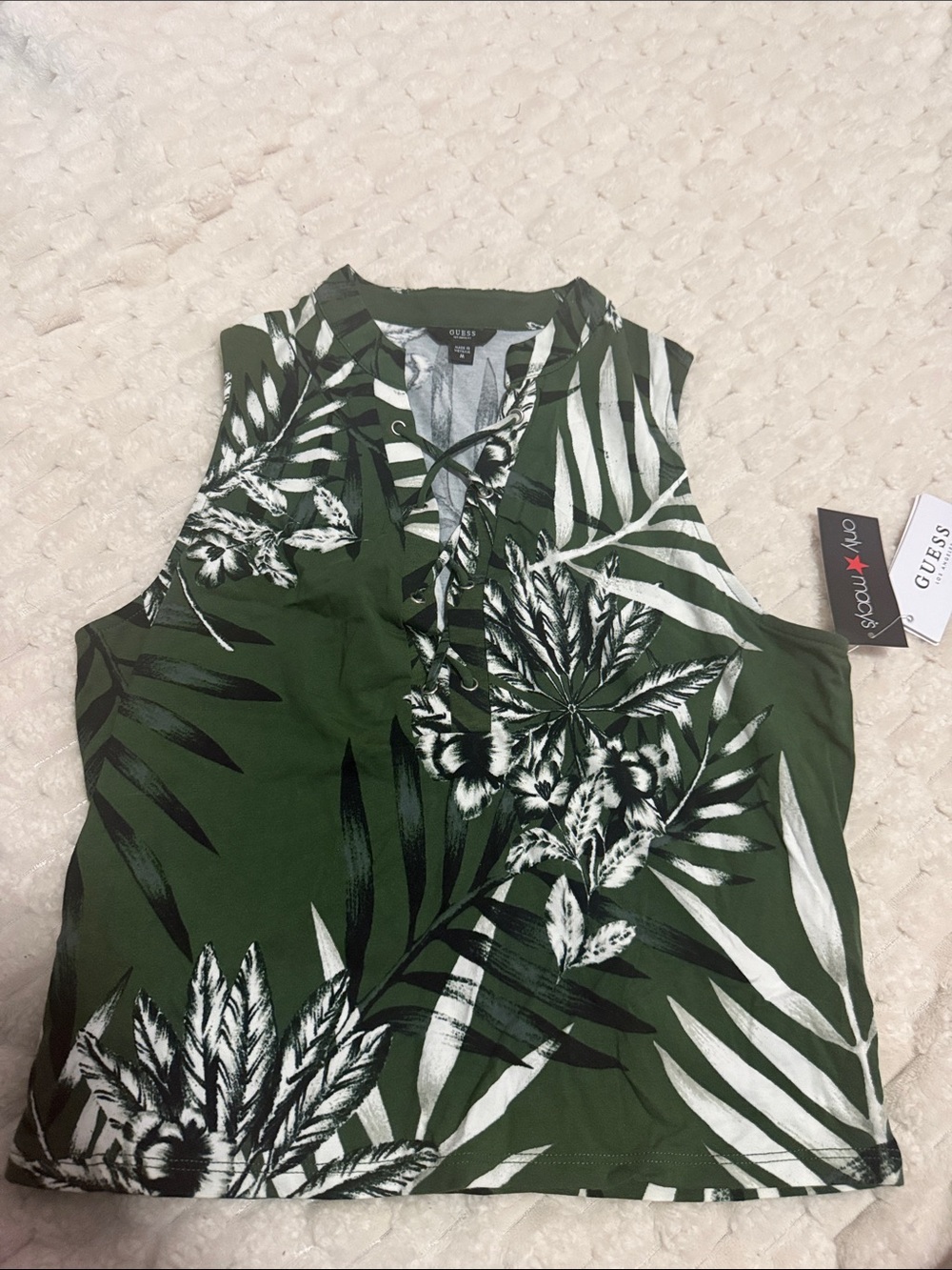 Guess Green and White Tropical Cropped Shirt